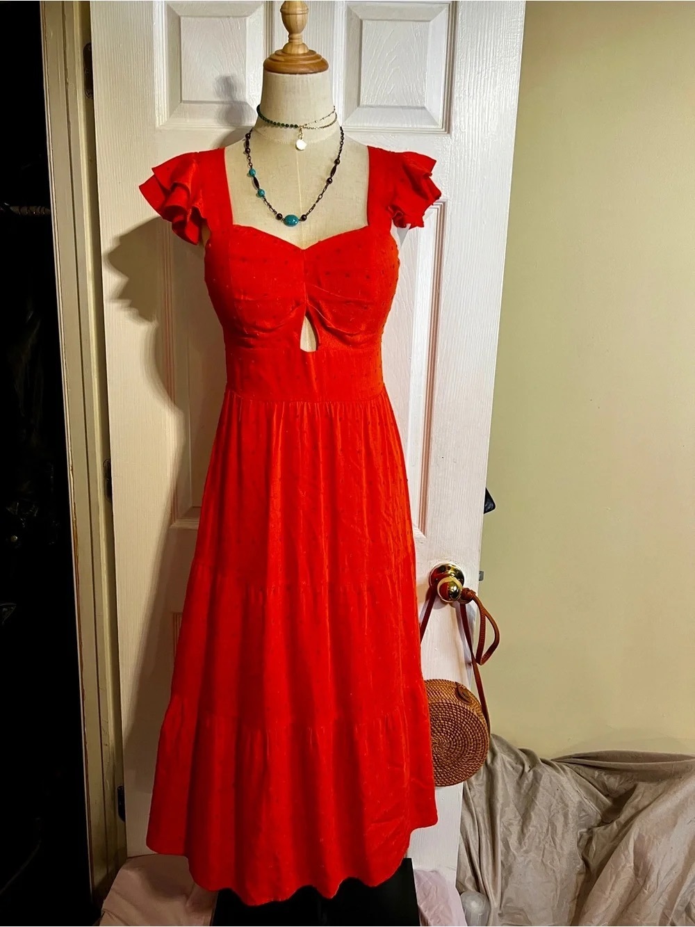 Red Flutter-Sleeve Midi Dress with Sweetheart Neckline